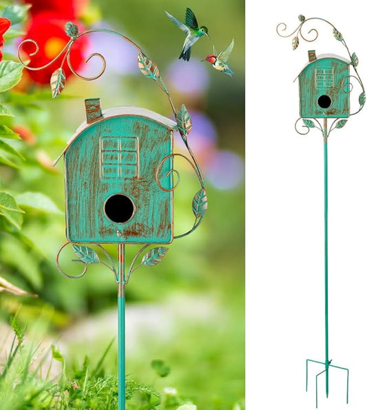 49" Bird Houses for Outside with Pole, Outdoor Metal Birdhouse for Patio, Yard, Garden, Turquoise