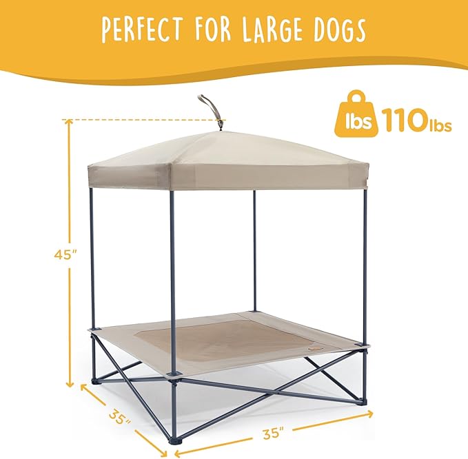 Piper Pop-Up Canopy Cot - Large Foldable Elevated Dog Bed with Waterproof Shade, Cooling Mesh, Heavy Duty up to 110 lbs, Perfect for Camping and Home, Tan, 35"x 35"