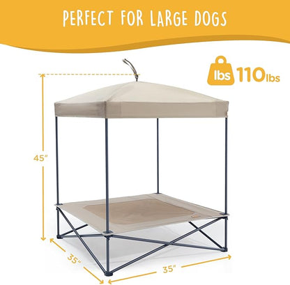 Piper Pop-Up Canopy Cot - Large Foldable Elevated Dog Bed with Waterproof Shade, Cooling Mesh, Heavy Duty up to 110 lbs, Perfect for Camping and Home, Tan, 35"x 35"