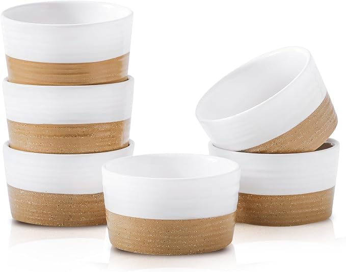 Hasense Ramekins, 6 oz Stoneware Ramekin Oven Safe Set of 6, Mini Ramekins Bowls for Dipping, Brulee, Custard, Farmhouse White Wedding Gift