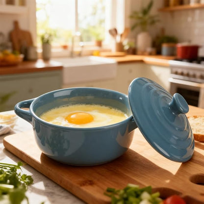6 Pack Ceramic Ramekins Lids Mini Cocotte 8 OZ Ceramic Oven Safe | Round Small Baking Individual Serving Pot, Lasagna Souffle Soup Bowls, Oven Safe Kitchenware, Handles Round, 6 Colors
