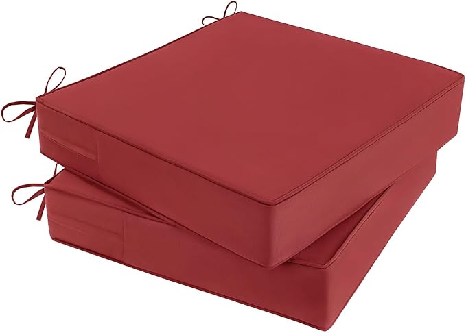 Outdoor Chair Cushions 24x24x4 Inch, Waterproof Red Patio Furniture Cushions Set of 2 with Ties & Handle, 3 Year Color Fastness Square Replacement Seat Cushions for Sofa, Couch