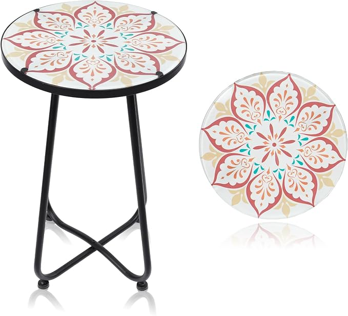 VCUTEKA Patio Side Table Outdoor Accent Table Bistro Coffee Table Plant End Table Small Porch Table Indoor Round Glass Balcony Plant Table Stands Khaki Flower 12 inches