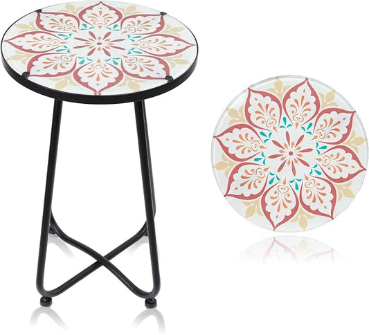VCUTEKA Patio Side Table Outdoor Accent Table Bistro Coffee Table Plant End Table Small Porch Table Indoor Round Glass Balcony Plant Table Stands Khaki Flower 12 inches