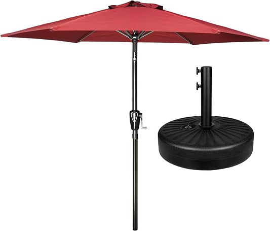 Simple Deluxe 7.5' Patio Umbrella with 20 Inch 50lbs Capacity Fillable Round Base, 6 Sturdy Ribs with Push Button Tilt/Crank for Garden, Deck, Backyard, Pool, Red and Black