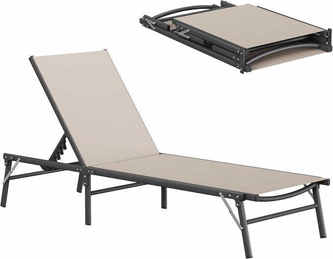 Amopatio Outdoor Lounge Chairs Poolside Chaise Lounge for Patio Set of 2 | with Side Table Foldable Stackble Fully Assembled Weather Resistant 5-Position Adjustable Backrest 400LBS Capacity