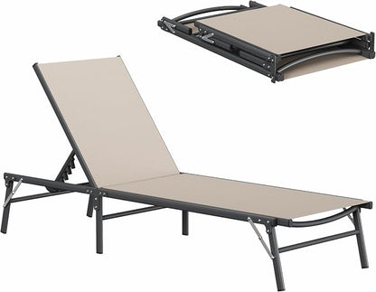 Amopatio Outdoor Lounge Chairs Poolside Chaise Lounge for Patio Set of 2 | with Side Table Foldable Stackble Fully Assembled Weather Resistant 5-Position Adjustable Backrest 400LBS Capacity