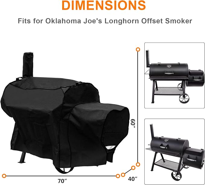 Grisun Grill Cover for Oklahoma Joe's Longhorn Offset Smoker, Anti-UV Waterproof Offset Smoker Cover for Oklahoma Joe's 13201747-50, Heavy-Duty 600 D Polyester, Black (70" L x 60" H x 40" W)