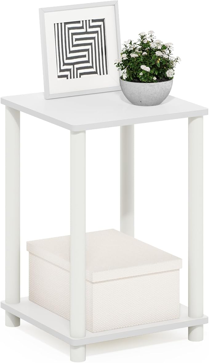 Furinno Turn-N-Tube Side Table, 2-Tier Modern Square End Table with Open Shelf, Toolless Night Stand, Bedside Table, for Living Room, Bedroom, White