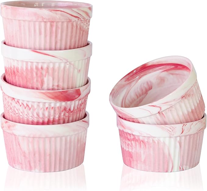 Yundu 4.5 Ounce Pink Marble Ceramic Ramekins - Perfect for Creme Brulee, Oven Safe Baking Bowls - Set of 6