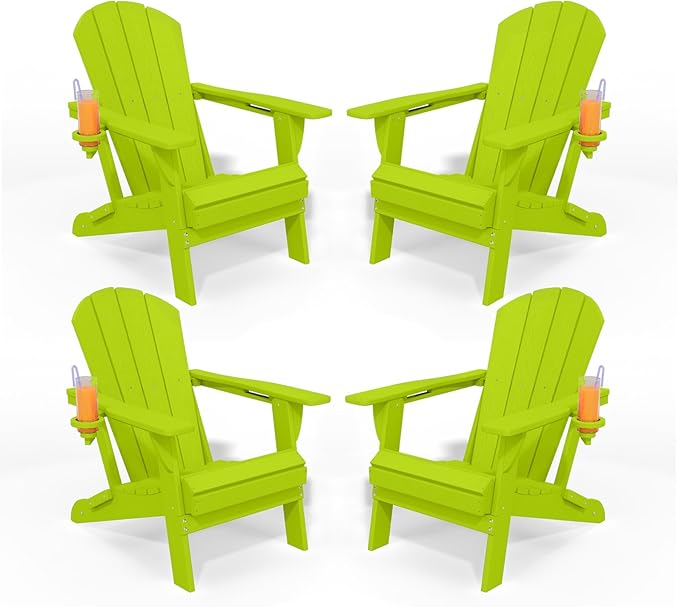 Folding Adirondack Chairs with Cup Holders, Set of 4 HDPE Plastic Outdoor Chairs, Weather Resistant, Real Wood Look, Heavy-Duty Patio Furniture for Deck, Fire Pit, Backyard, Apple Green