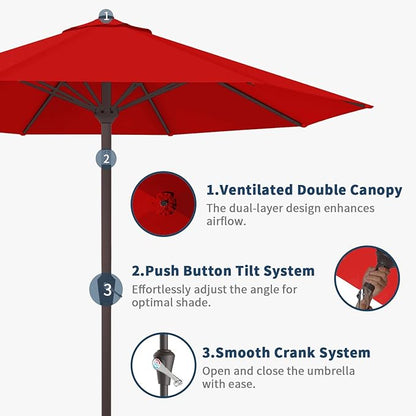 10FT Patio Umbrella Outdoor Market Umbrella with Crank and Tilt, 8 Flexible Fiberglass Ribs, UV-Resistant Waterproof Canopy for Patio, Deck, Garden, Backyard, Red