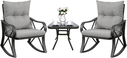 COSIEST 3 Piece Bistro Set Patio Rocking Chairs Outdoor Furniture w Warm Gray Cushions, Glass-Top Table for Garden, Pool, Backyard