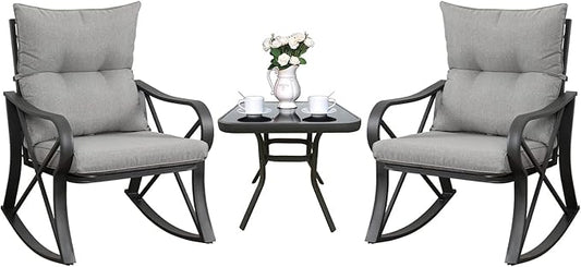 COSIEST 3 Piece Bistro Set Patio Rocking Chairs Outdoor Furniture w Warm Gray Cushions, Glass-Top Table for Garden, Pool, Backyard