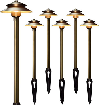 Gardencoin Solid Brass Low Voltage Landscape Pathway Lights (6'' Shade, 19'' Tall), 12V LED Heavy Duty Path Lighting Outdoor Wired, Waterproof Antique Bronze Walkway Light Without G4 Bulb,6 Pack