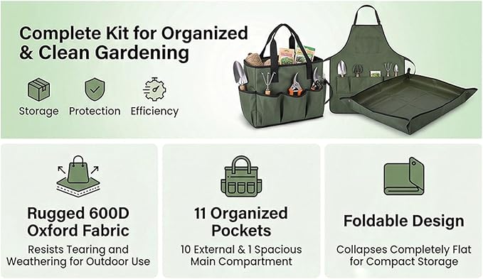 Luocute 3Pcs Garden Tool Bag Organizer, Heavy Duty 600D Oxford Fabric with 10 Pockets and Apron Mat, Foldable Standable Gardening Tote for Men Women, Bright Green