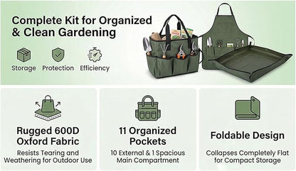 Luocute 3Pcs Garden Tool Bag Organizer, Heavy Duty 600D Oxford Fabric with 10 Pockets and Apron Mat, Foldable Standable Gardening Tote for Men Women, Bright Green