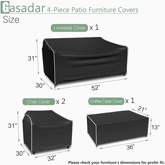 Gasadar Patio Furniture Covers Set, 4 Piece Waterproof Outdoor Furniture Cover for Outdoor Coffee Table, Chair, and Loveseat, Black