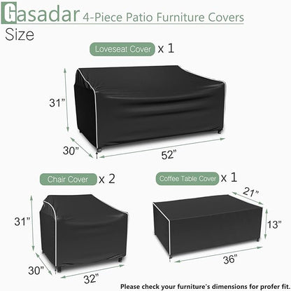 Gasadar Patio Furniture Covers Set, 4 Piece Waterproof Outdoor Furniture Cover for Outdoor Coffee Table, Chair, and Loveseat, Black
