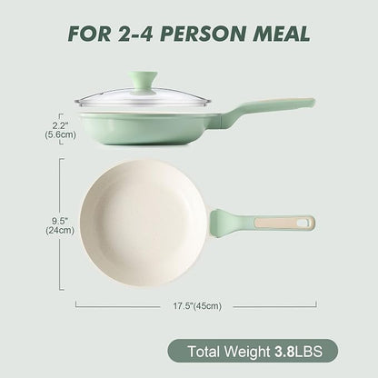 SENSARTE Nonstick Ceramic Frying Pan with Lid 9.5 Inch Omelet Pan Skillet, Free of Intentionally Added PFAS/PTFE Non-toxic Chef's Pan Induction Compatible Pan, Heat Resistant Handle, Mint Green