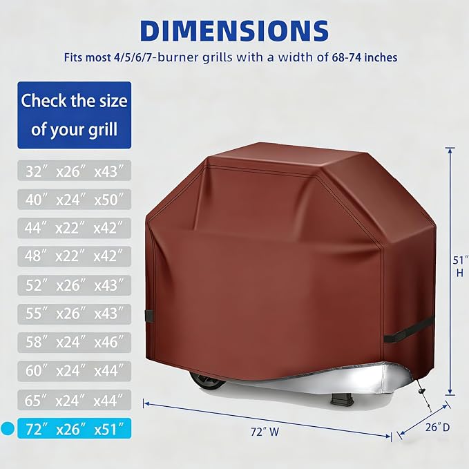 BBQ Gas Grill Cover for Outdoor, Anti-UV, Rip-Proof, 600D Oxford Fade Resistant Material, Barbecue Cover with Hook and Loop Straps & Adjustable Hem Drawstring (Reddish Brown, 72”x26”x51”)