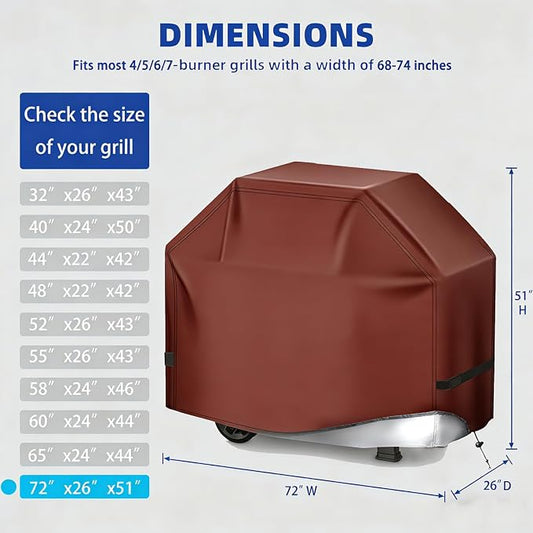 BBQ Gas Grill Cover for Outdoor, Anti-UV, Rip-Proof, 600D Oxford Fade Resistant Material, Barbecue Cover with Hook and Loop Straps & Adjustable Hem Drawstring (Reddish Brown, 72”x26”x51”)