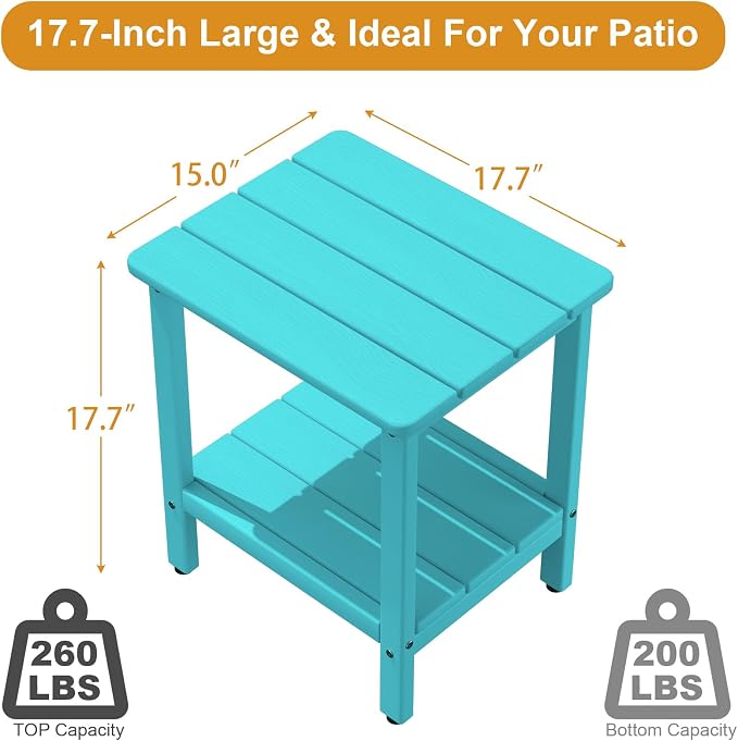 Outdoor Side Table, 17.7-Inch Small Patio Side Table with Adjustable Feet, All-Weather HDPE Adirondack End Table for Porch Deck Balcony Pool, Easy Maintenance, Aruba Blue