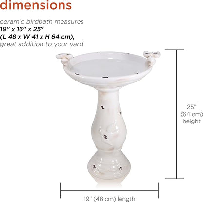 Alpine Corporation 25" Tall Outdoor Antique Ceramic Birdbath with 2 Bird Figurines - Vintage Style Garden Bird Bath Bowl for Patio, Yard, Lawn Decor, Light Brown