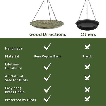 Good Directions Hanging Blue Verde Copper Bird Bath for Outside Backyard, Outdoor, Patio, Garden, Birdbath Feeder Gift for Bird Lovers Watchers, Large 18" Blue Verde Copper
