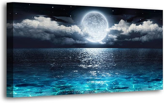 Wall Art Moon Sea Ocean Landscape Picture Canvas Wall Art Print Paintings Modern Artwork for Living Room Wall Decor and Home Décor Framed Ready to Hang,Waterproof Artwork-70x35inches