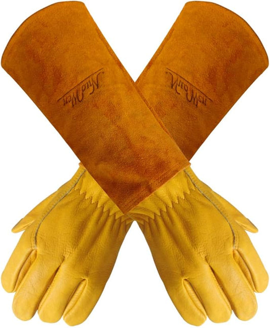 Heavy Duty Long Leather Garden Gloves Thorn and Cut Proof Garden Work Gloves (Yellow, Mediu)