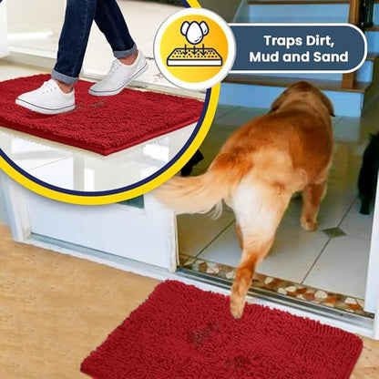 Muddy Mat® | Super Water Absorbent Door Mat Indoor, Microfiber Quick Dry Chenille Entryway Rug, Slip Resistant Front Door Mat, Indoor Mats for Entryway, Machine Washable Pet Rug, Red 48"x60"