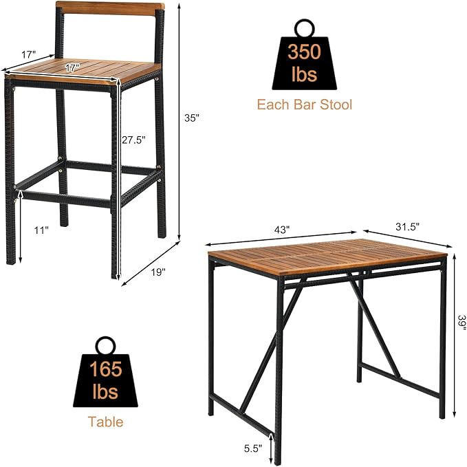 RELAX4LIFE 5-Piece Patio Bar Set, Acacia Wood Counter Height Bistro Dining Table w/Umbrella Hole, Wicker Rattan Bar Stools Set of 4 for Balcony Backyard Poolside, 5PCS Outdoor Bar Table and Chairs Set