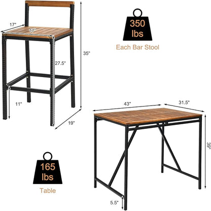 RELAX4LIFE 5-Piece Patio Bar Set, Acacia Wood Counter Height Bistro Dining Table w/Umbrella Hole, Wicker Rattan Bar Stools Set of 4 for Balcony Backyard Poolside, 5PCS Outdoor Bar Table and Chairs Set