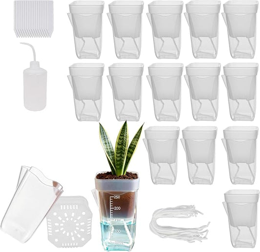 16 Pack 2.5" Mini Clear Self Watering Plant Pots, Plastic Planters with Bottom Water Tray & Watering Rope, Nursery Planting Pot for Indoor Out Door Plants