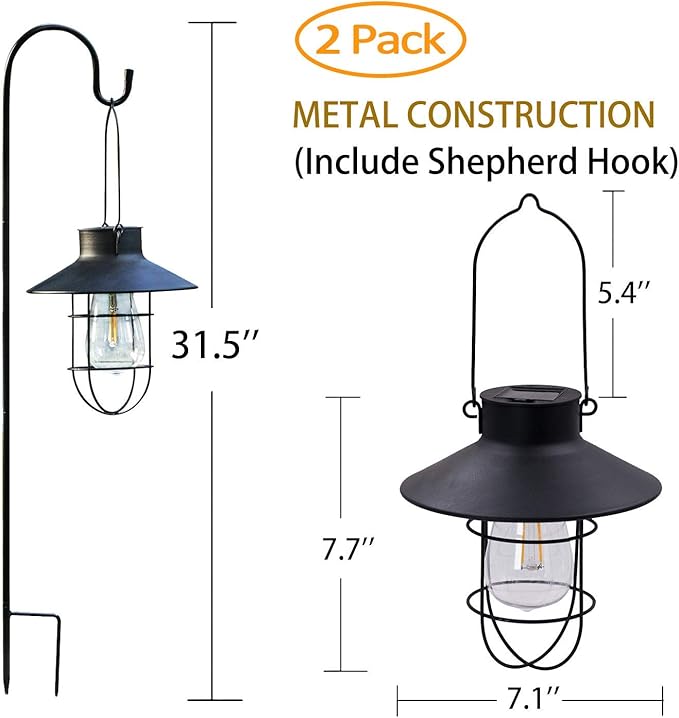 2 Pack EKQ Hanging Solar Lights Lantern Lamp with Shepherd Hook, Metal Waterproof Edison Bulb Lights for Garden Outdoor Pathway (Black)