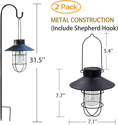 2 Pack EKQ Hanging Solar Lights Lantern Lamp with Shepherd Hook, Metal Waterproof Edison Bulb Lights for Garden Outdoor Pathway (Black)