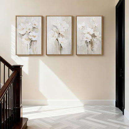Anyzal Extra Large Beige Floral Framed Wall Art 24x36 Inch Neutral White Flower Canvas Wall Art Farmhouse Wildflower botanical Artwork for Living Room Bedroom Dining Room Set of 3