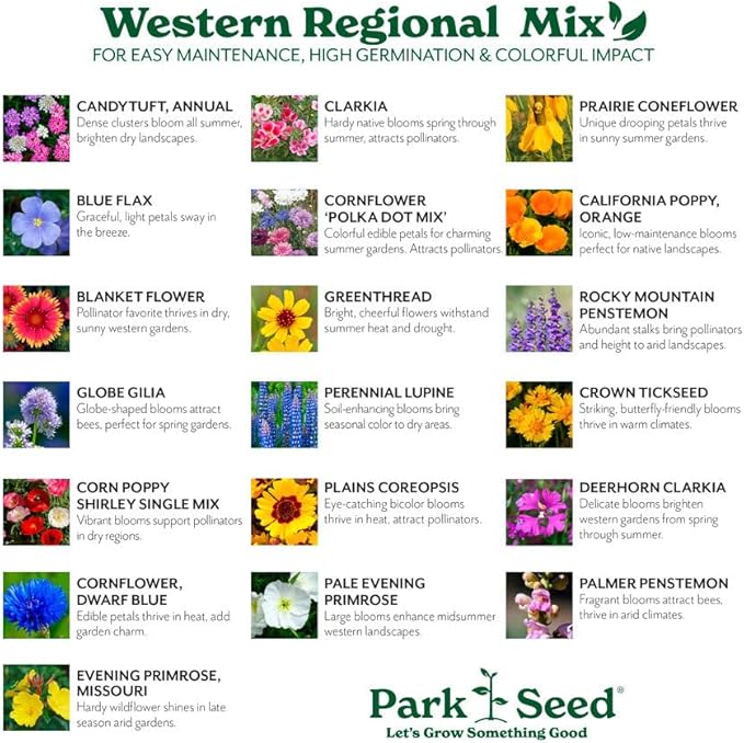 Park Seed Grow Your Own Vibrant Annual and Perennial Wildflower Garden Seeds Mixture, Easy to Grow Varieties for Pollinators and Spring Gardens - Western Regional Mix, 10 lbs