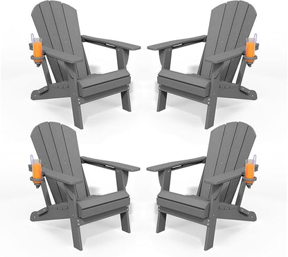 Folding Adirondack Chairs with Cup Holders, Set of 4 HDPE Plastic Outdoor Chairs, Weather Resistant, Real Wood Look, Heavy-Duty Patio Furniture for Deck, Fire Pit, Backyard, Gray