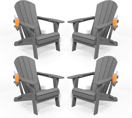 Folding Adirondack Chairs with Cup Holders, Set of 4 HDPE Plastic Outdoor Chairs, Weather Resistant, Real Wood Look, Heavy-Duty Patio Furniture for Deck, Fire Pit, Backyard, Gray