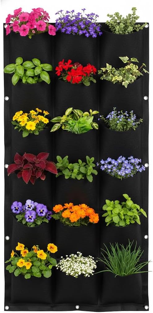 WFIST Vertical Hanging Planter Bag, Breathable Felt Wall Garden Planter with Metal Grommets, Indoor/Outdoor Space-Saving Herb & Flower Growing Pouch (18-Pocket)