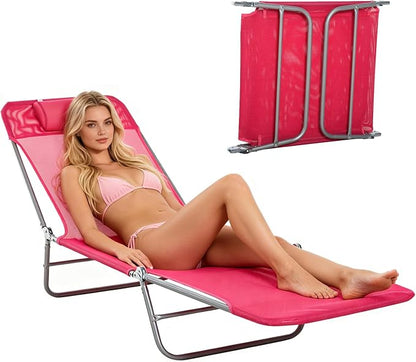 Outdoor Chaise Lounge with Detachable Pillow, Reclining Folding Chair with 5-Position Adjustable Back, Portable Tanning Chair For Beach, Pool, Lawn, Breathable Mesh Seat, No Assembly (Pink)