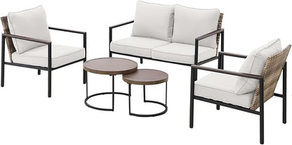 COOS BAY Sand Dune 5 Piece Wicker Patio Furniture Set, Rattan Outdoor Furniture with Nesting Tables, Chairs, Loveseat, and Coffee Tables, Brown/Beige