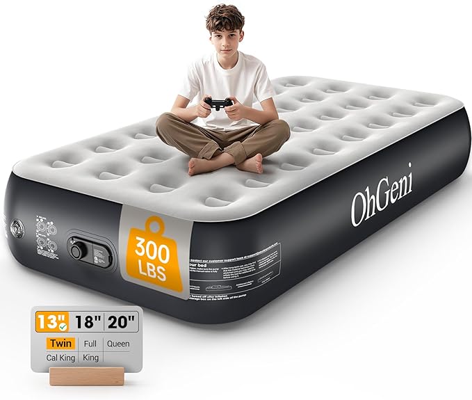 OhGeni Twin Camping Air Mattress Bed with Built in Pump, Family Choice Award Winner, 13" Raised Inflatable Blow up Mattress, Portable Foldable Bed with Upgraded Surface for Home & Outdoor, 300lbs