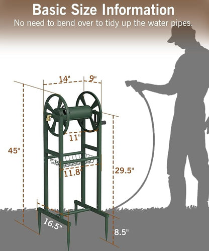 Garbuildman Ground Mount Garden Hose Reel Holds 125 Feet of 5/8-Inch with 3.9 ft Leader Hose, Brass Fitting, Water Hose Holder Stand with Storage Rack & 4 Spikes Base for Outdoor Lawn, Green