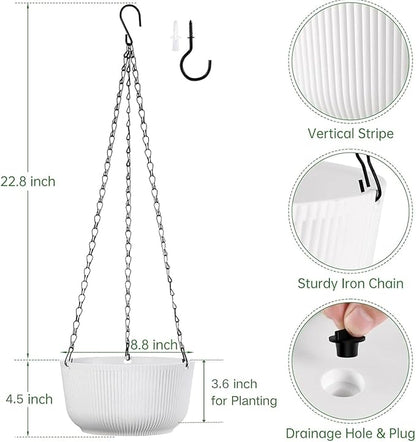 Set of 2 White Hanging Planters for Outdoor Indoor Plants, 8 Inch Self-Watering Hanging Plant Pots with Drainage Hole & Plug (Hooks)