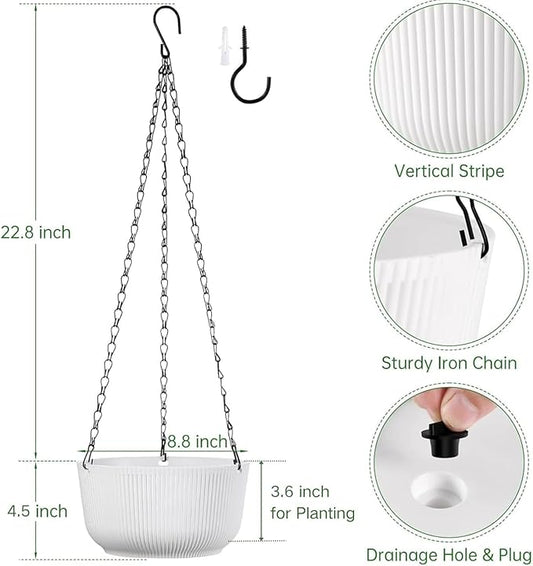 Set of 2 White Hanging Planters for Outdoor Indoor Plants, 8 Inch Self-Watering Hanging Plant Pots with Drainage Hole & Plug (Hooks)