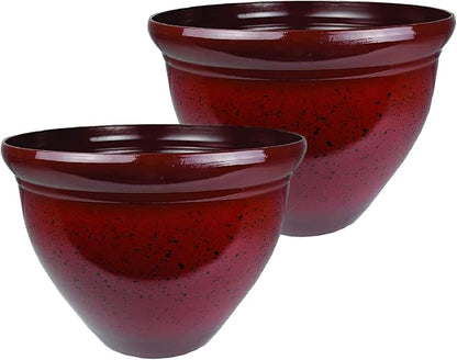 The HC Companies 20 Inch Pizzazz Round Planter Pots with Ceramic Look, Lightweight UV-Resistant Plastic Indoor & Outdoor Planters, 2-Pack Flower Pots for Garden & Home Decor, Warm Red
