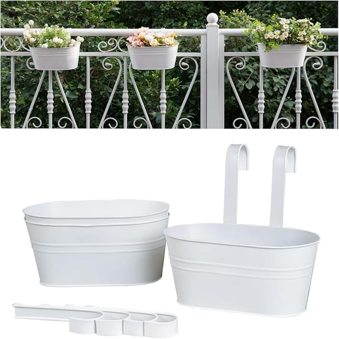 3 Pack Metal Iron Plant Pot Holders Balcony Garden Plant Planter Baskets Fence Bucket Pot Bucket Flower Holders Wall Hanging Decor Pot with Detachable Hooks